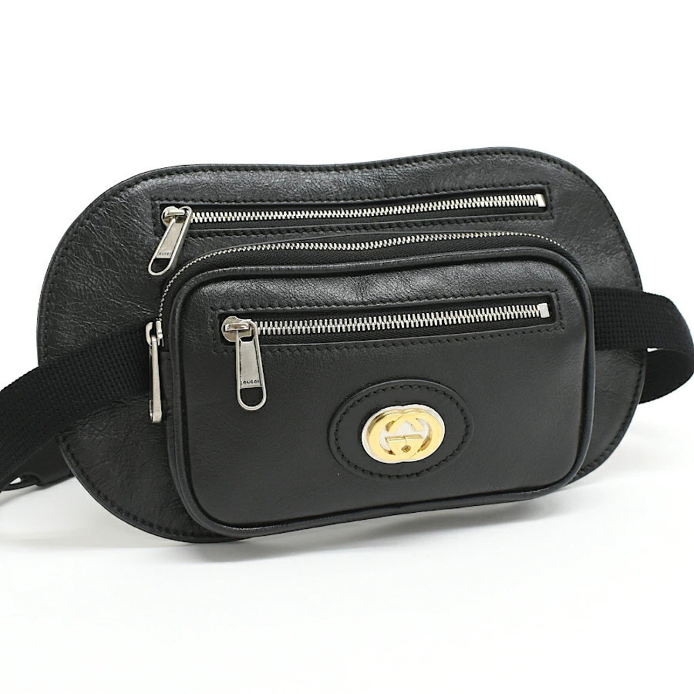 Gucci Waist Belt Crossbody Bag Belt Body Interlocking G Leather Black